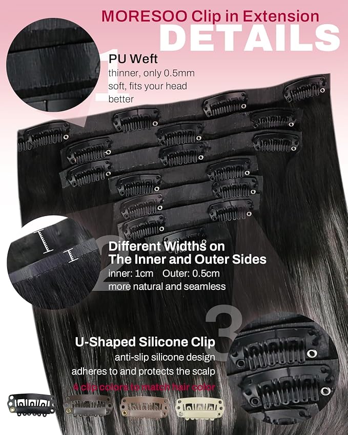 Moresoo Seamless Hair Extensions Clip in Black to Silver 14 Inches Clip in Hair Extensions Short Pu Skin Weft Human Extensions with Clip Balayage 120G 7pcs