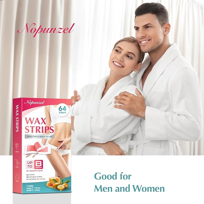 Wax Strips: 64 Waxing Strips - Hair Removal Wax - Brazilian Waxing - Waxing Kit for Women - Body Legs Arms Chest Bikini Back - Wax Kit At Home for Hair Removal - 2 sizes - 4 Calming Oil Wipes