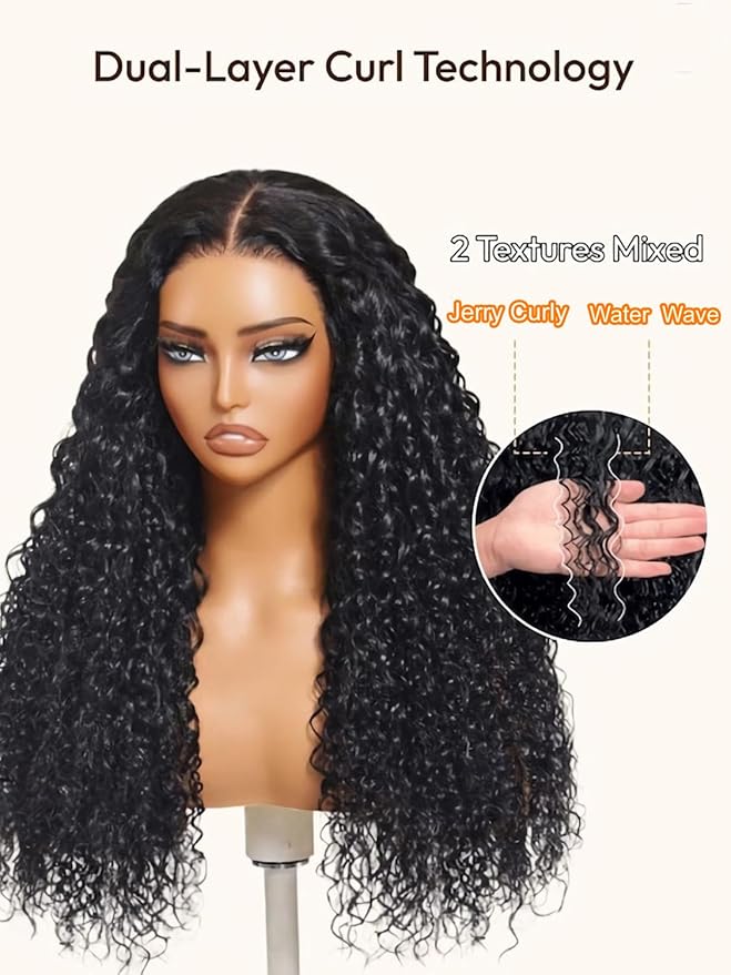 Julia Hair Bye Bye Knots Wig 13x4 Glueless Wigs Human Hair Mixed Curls Water Wave and Jerry Curly Fluffy Wig Pre Everything Pre Plucked Pre Cut HD Lace Bleached Knots Natural Black 24 Inch
