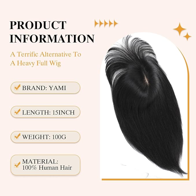 YAMI Hair Toppers for Women 8x9inch Skin Scalp Hair Topper with Bangs 15 Inch HairPieces for Women with Hairloss (Natural Black)