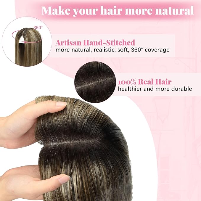 Hair Toppers for Women Real Human Hair, Natural Black Ombre Dark Brown Mix Blonde Topper Add Volume 12inch Hair Pieces for Women with Thinning 55g 6x7inch Base (#1B/4/27Toppers-12inch)