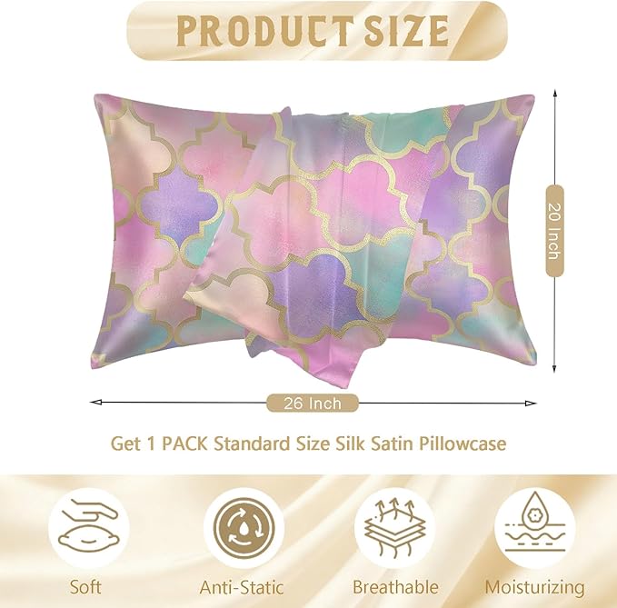 1 Pack Satin Pillowcase for Hair and Skin Vintage Colorful Moroccan Gold Line Imitation Silk Pillowcase with Hidden Zipper Soft Breathable Pillow Cover Standard Size for Bedroom Sofa 20”x26”