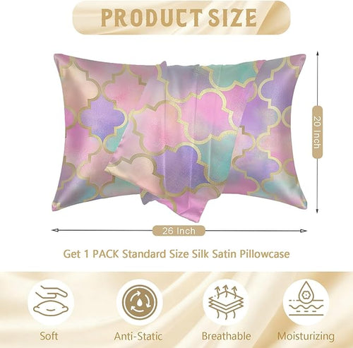 1 Pack Satin Pillowcase for Hair and Skin Vintage Colorful Moroccan Gold Line Imitation Silk Pillowcase with Hidden Zipper Soft Breathable Pillow Cover Standard Size for Bedroom Sofa 20”x26”