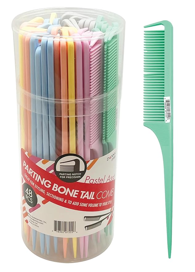 DONNA Parting Bone Tail Comb, Pastel Assorted (48 Pack) – Plastic Bone Tail Combs with Parting Notch – Sectioning, Teasing & Smoothing – Lightweight Salon Bulk