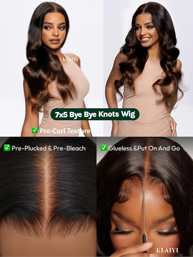 KLAIYI Ombre Brown Body Wave Bye Bye Knots Glueless Wig Pre Cut Lace Front Wigs Human Hair Chestnut Brown Loose Wave Pre Bleached Pre Plucked Wear and Go Wig with Dark Roots 30S Ready to Go Wig 24Inch