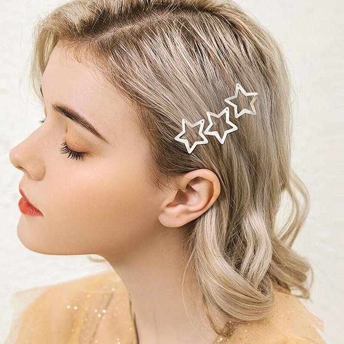 Star Hair Clips 2000s Y2K Snap Hair Barrettes Non Slip Star Hair Accessories Silver Metal Hair Clips for Girls Women -15 PCS 1.18"
