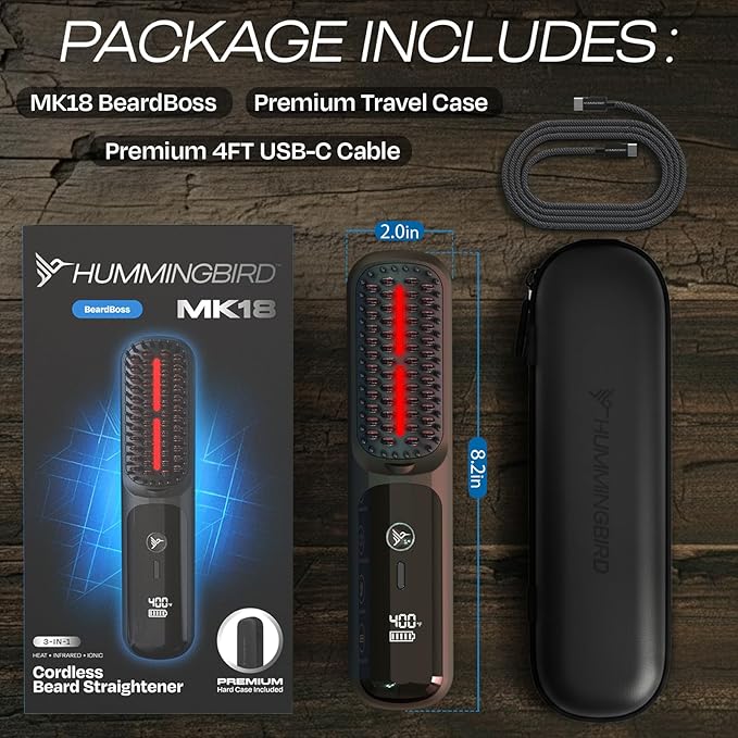 HUMMINGBIRD MK18 BeardBoss Cordless Beard Straightener for Men – Heated Beard Brush & Hot Comb, 5 Temp Settings, Anti-Scald Portable Hair Straightener, PTC Ceramic Heat, Infrared & Ionic, Travel Case
