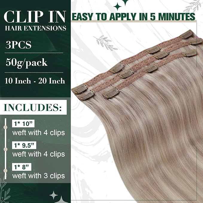 RUNATURE Clip in Hair Extensions Real Human Hair, Clip in Human Hair Extensions for Women, Remy Natural Human Extensions Full Ends, 20 Inch 50g 3pcs, #19P60 Grey Blonde Highlights