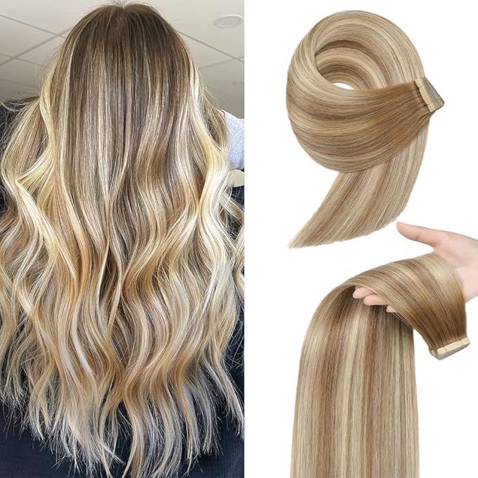 Tape in Hair Extensions Human Hair Balayage Medium Brown Mixed Dark Blonde Remy Hair Extensions 20pcs 14 Inch Skin Weft Straight Invisible Human Hair Tape in Extensions (10/10/22#,14 Inch)