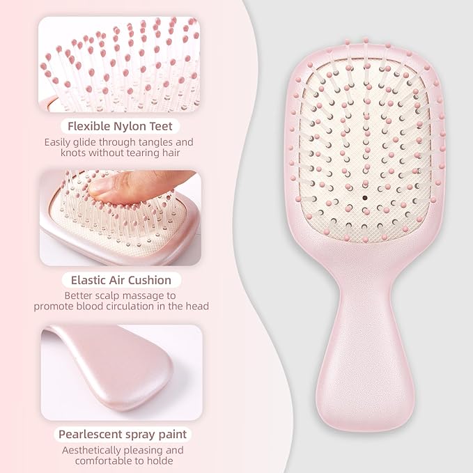 Mini Hair Bursh for Women Men and Kids, Protable Travel Size Hair Brush for Pockets Purses, Mini Detangler Brush for All Hair Types, Small Paddle Brush for Detangling (Pink)