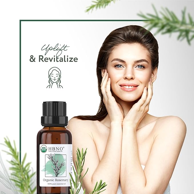 HBNO California Bottled Organic Rosemary Essential Oil 1 fl oz (30ml) - USDA Certified Organic Rosemary Essential Oil for Aromatherapy, Soap Making, DIY, Fragrances, Diffuser