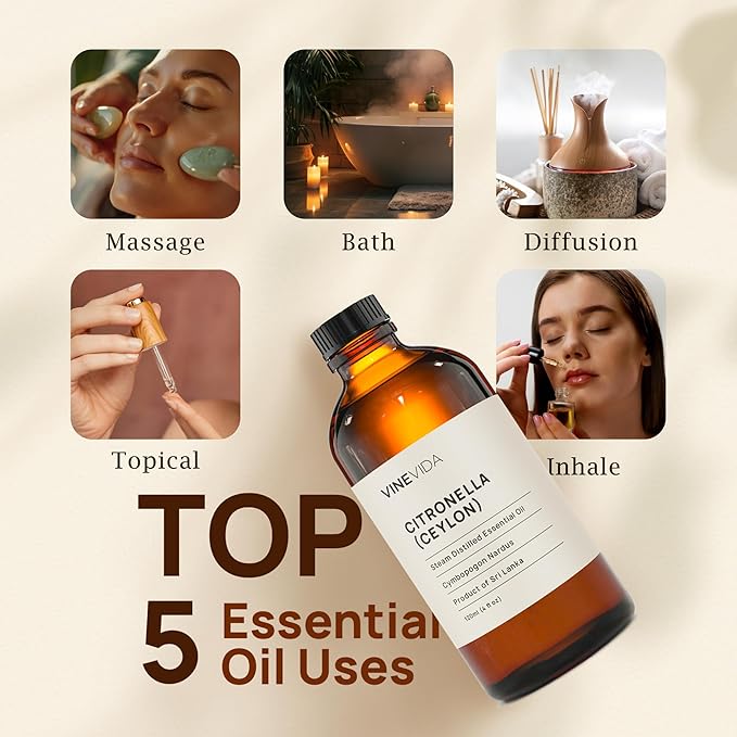 VINEVIDA Citronella Ceylon Essential Oil 4 oz - Undiluted Citronella Oil 4 oz - Citronella Candle Oil Scent - DIY Candle Scents for Candlemaking - Bulk Essential Oil for Soap Making Safe for Skin