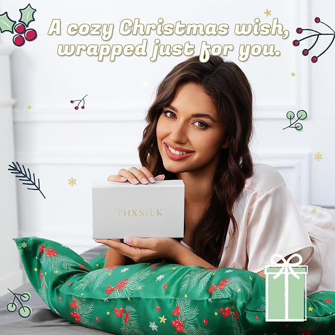THXSILK Christmas Style 6A+ Grade Mulberry Silk Pillowcase for Hair and Skin, 22 Momme 100% Pure Silk Pillow Case with Hidden Zipper, Christmas Holly Printed Pillow Cover(Standard Size 20"x26", Green)