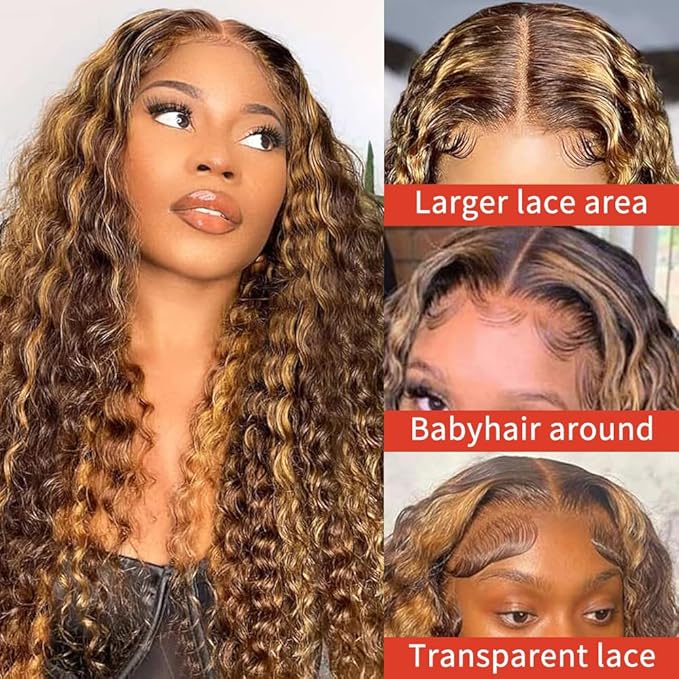 Highlight Ombre 13x6 Lace Front Wig Human Hair Deep Wave Honey Blonde Glueless HD Transparent Lace Frontal Wigs for Women 180 Density Human Hair (highlight ombre deep wave, 34 inch)