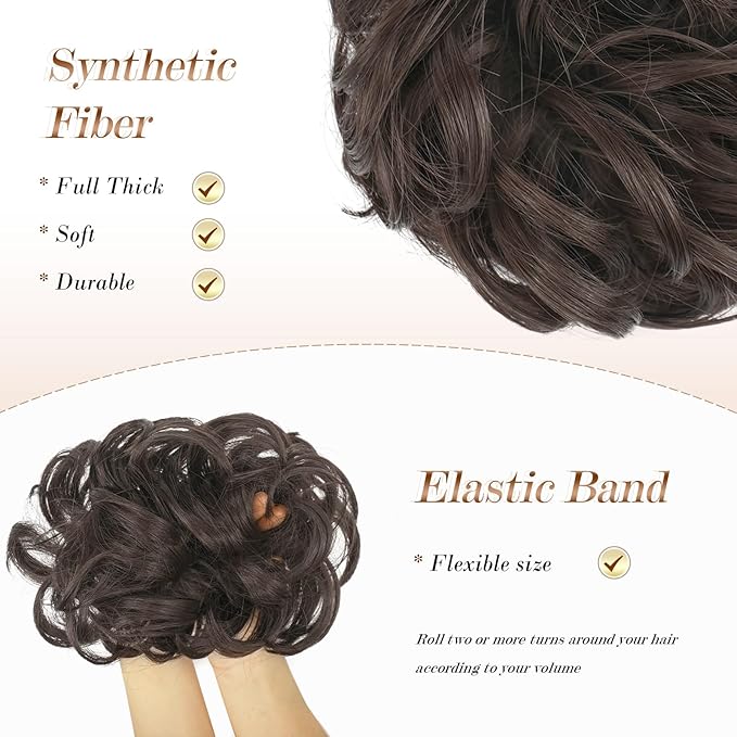 FESHFEN Messy Bun Hair Piece - Elastic Wavy Curly Hair Bun Scrunchies Extensions Synthetic Chignon Hairpieces for Women Girls, Dark Brown 1.5 oz