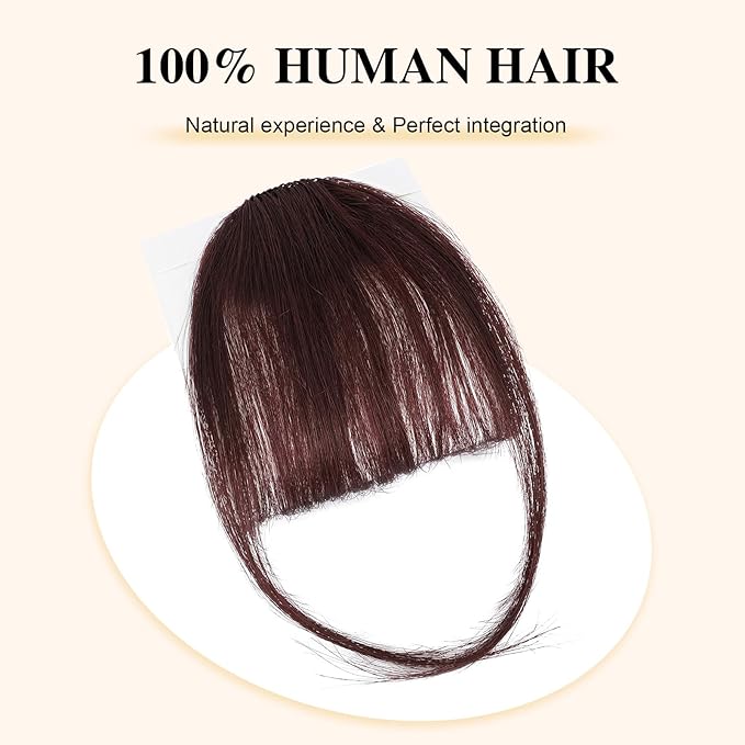 BOGSEA Clip in Bangs 100% Human Hair Wispy Bangs Fringe with Temples Hairpieces for Women Fake Bangs for Daily Wear (Wispy Bangs, (Wine Red))