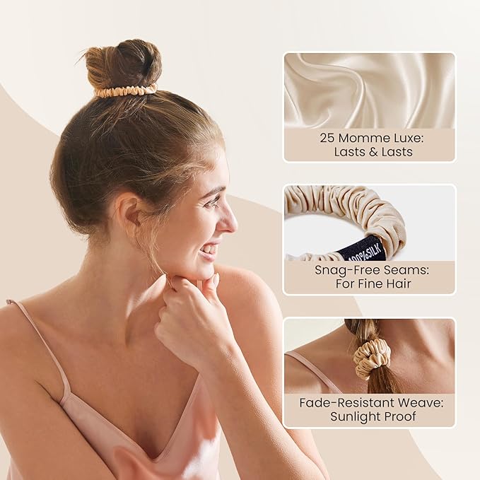 THXSILK 100% Mulberry Silk Scrunchies 3-Pack, 25 Momme Mulberry Silk Hair Ties for Women, Sleek Low Profile No Damage Ponytail Holders, for Fine Hair & Everyday Use, Warm Colors