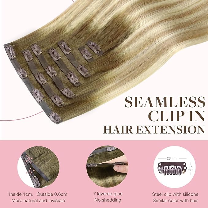 GOO GOO Clip in Hair Extensions Real Human Hair, Remy Human Hair Extensions Clip ins for Women, Natural Human Hair, 20inch 110g 7Pcs, 5A/90/16F Bahamian Balayage