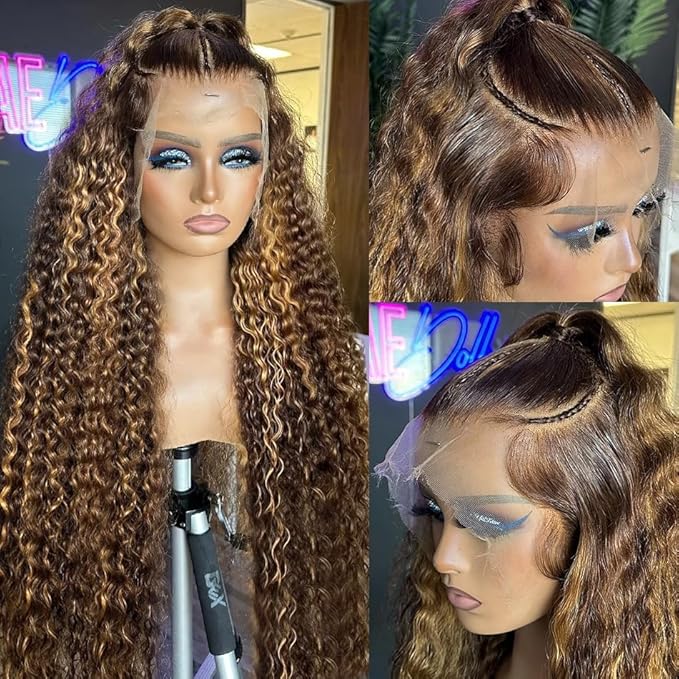 360 Deep Wave Lace Front Wigs Human Hair 220% Density Honey Blonde Drawstring Deep Curly Human Hair wig Ombre 4/27 Highlight Lace Front Wigs Pre Plucked Wet And Wavy Water Wave Wig for Women 26 Inch