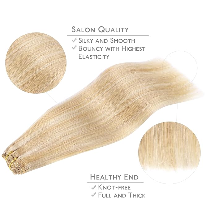 WENNALIFE Clip in Hair Extensions Human Hair 16 Inch 120g 7pcs Dirty Blonde Highlighted Bleach Blonde Hair Extensions Clip in for Women Real Human Hair Rallonge Cheveux Extensions