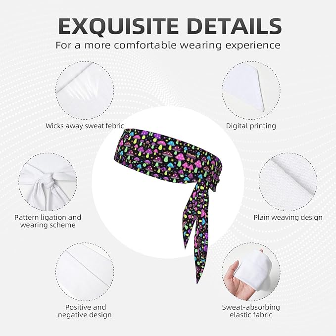 Men Women Sports Sweat Bands, Multifunction Long Head Ribbon for Yoga Workout Shower, Fashion Goth Gothic Magic Hippie Trippy Mushroom Headwear Hair Decor