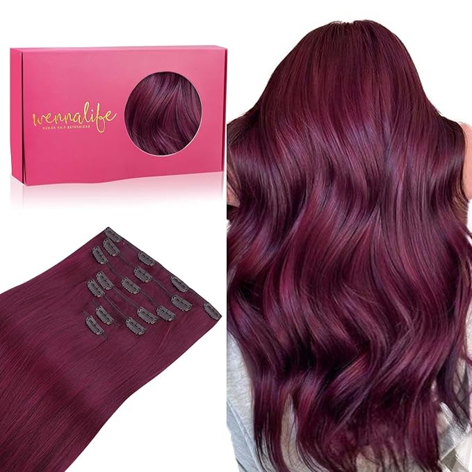 WENNALIFE Clip in Hair Extensions Real Human Hair, 22 Inch 120g 7pcs Remy Hair, Light Burgundy Straight Natural Coloured Extensiones De Cabello Humano Con Clip Ins