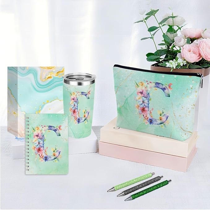 Personalized Gifts Monogrammed Birthday Gifts for Women, Cowerker Wife Sister Wedding Christmas Initial 20 oz Tumbler, Makeup Bag Cup Ballpoint Pens Journal Notebook 6 Set, (Aesthetic Green Flower C)