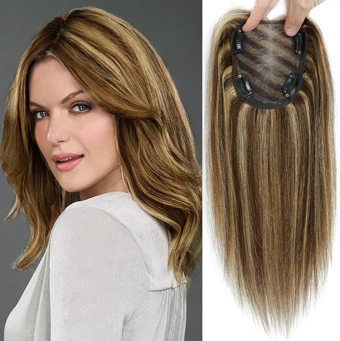 Human Hair Toppers for Women Real HairTopper with Thinning Hair 120% Density Round Shaped Swiss Base Hair Pieces 40g-Medium Brown Mix Blonde with Dark Brown Root（4P27）