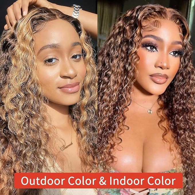 Highlight Ombre 13x6 Lace Front Wig Human Hair Deep Wave Honey Blonde Glueless HD Transparent Lace Frontal Wigs for Women 180 Density Human Hair (highlight ombre deep wave, 24 inch)