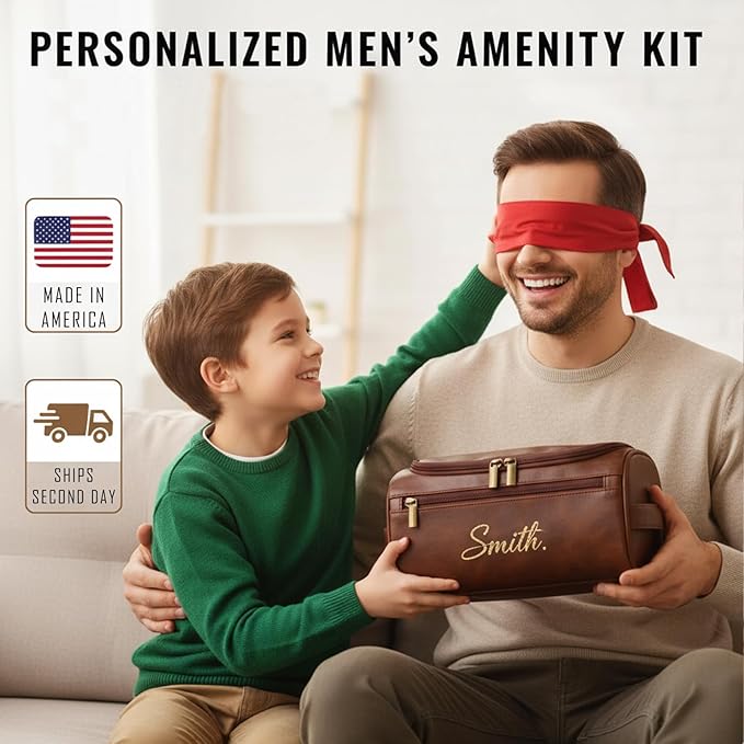 Personalized Toiletry Bag for Men, Engraved Name Initials Toiletry Bag, Customized Monogram Travel Shaving Dopp Kit for Groomsmen, Gift for Christmas, Birthday, Dad, Husband (Brown)