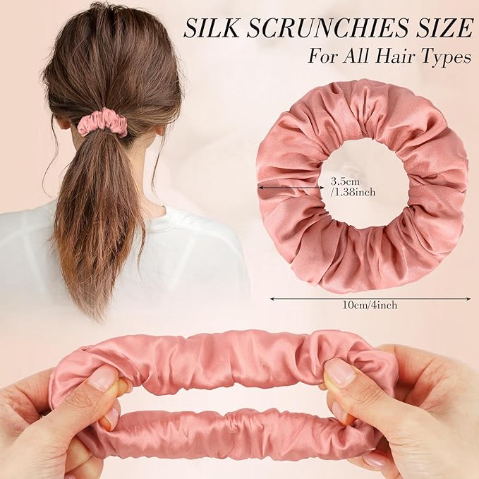 4Pcs Mulberry Silk Hair Scrunchies, Cherry Pink Silk Hair Ties for Hair Sleep Frizz Breakage Valentine's Galentines Day Gifts