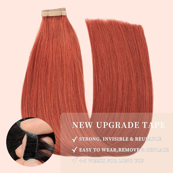 Tape in Hair Extensions Human Hair, Copper 20pcs 18 Inch Tape Ins for Women Human Hair Extensions Invisible Straight Seamless Skin Weft Remy (350#, 18 Inch)
