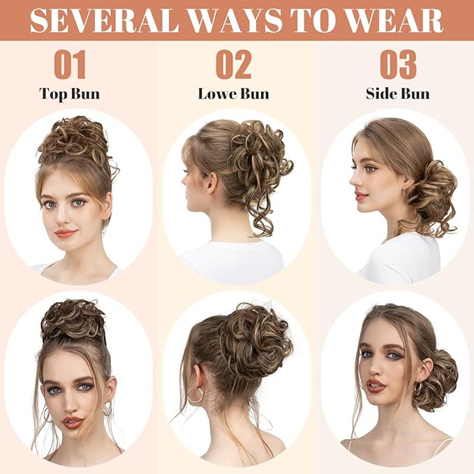 CJL HAIR 2PCS Messy Bun Hair Pieces Wavy Curly Synthetic Updo Chignon Fake Scrunchies Ponytail Extension for Women Black