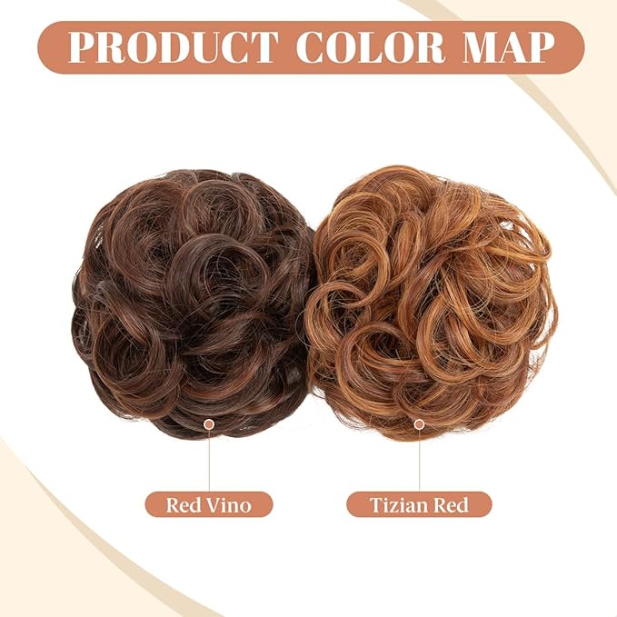 CJL HAIR 2PCS Messy Bun Hair Pieces Wavy Curly Synthetic Updo Chignon Fake Scrunchies Ponytail Extension for Women Red Vino