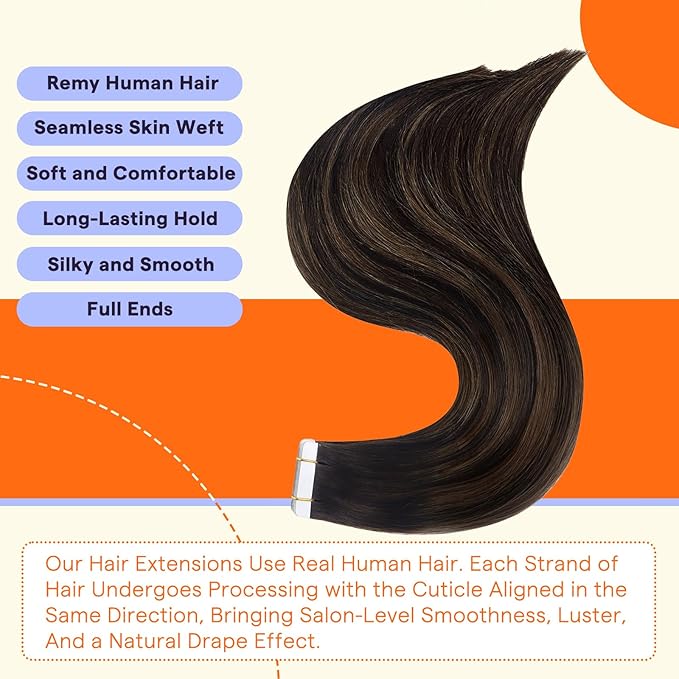 Full Shine Tape in Hair Extensions Ombre Color 2/8/2 Dark Brown Highlight Ash Brown with Shadow Roots 22 Inch Human Hair Extensions Tape Ins 20PCS 50g Natural Straight Extensions for Women Real Hair