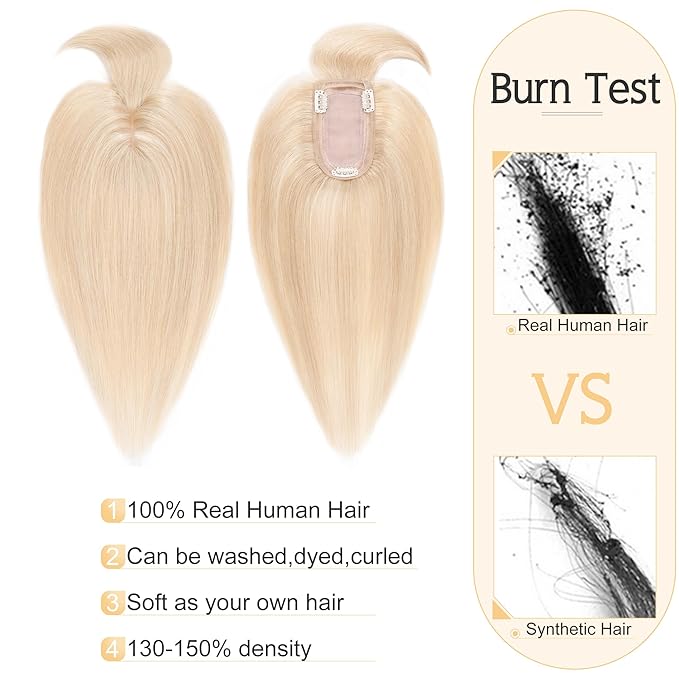 SEGO Hair Toppers for Women Real Human Hair With Bangs, 7 * 13CM Silk Base 100% Remy Human Hair Clip in Top Wiglet Hairpieces Add Volume 10 Inch Ash Blonde&Bleach Blonde
