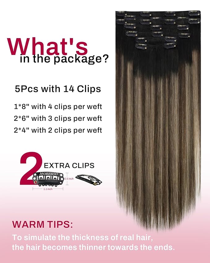 Moresoo Black to Blonde Ombre Clip in Hair Extensions 24 inch Human Hair Clip in Extensions Balayage Natural Black to Dark Brown with Dark Golden Blonde Straight 120g/7pcs 24in