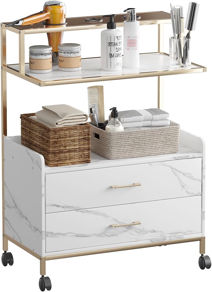 Salon Rolling Trolley with Lockable Wheels Barber Cart with Storage Drawer Mobile Hair Station Cabinet for Beauty Makeup Esthetician Spa Massage (White Marble-one Shelf-Two-Drawers)