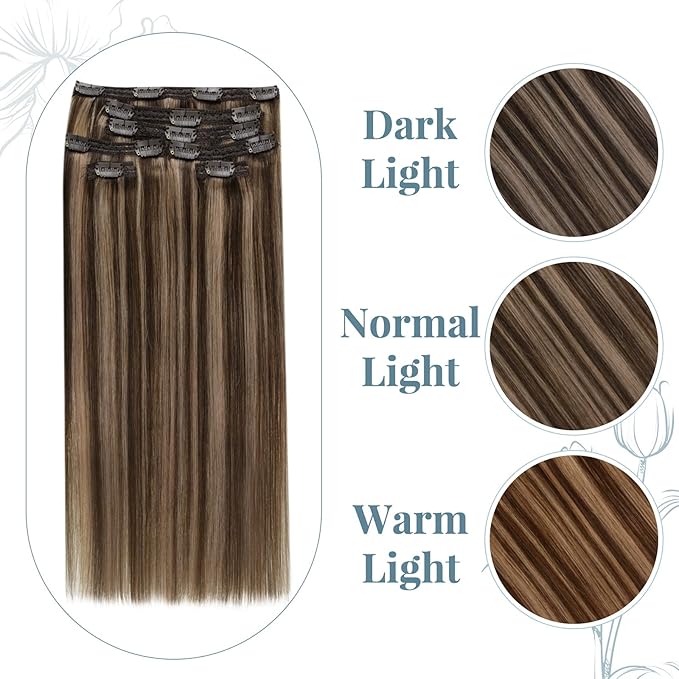 RUNATURE Real Hair Extensions Clip Ins, Brown Clip in Hair Extensions with Highlights, Double Weft Natural Hair for Women, Easy to Apply, 16 Inch 50g 3pcs #3P12 Brown Mix Blonde
