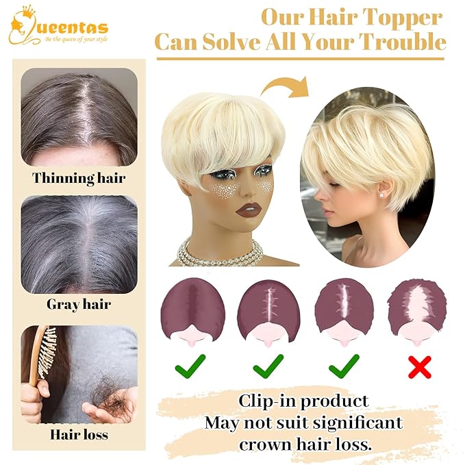 QUEENTAS Short Blonde Hair Toppers for Women with Thinning Hair Piece 360°3D Cover with 5 Clips Wispy Bangs 6.5"*6" Large Coverage Synthetic Hairpieces for Men(Mixed Blonde/#613)