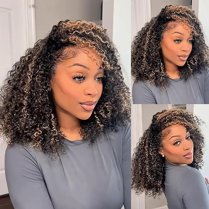 Kinky Curly Half Wig Human Hair 250% Density Ombre Wear Go Glueless Wigs Human Hair Hightlight Blonde Curly 3 In 1 Half Wigs for Women Drawstring Seamless Flip Headband Wig Beginner Friendly 16 Inch