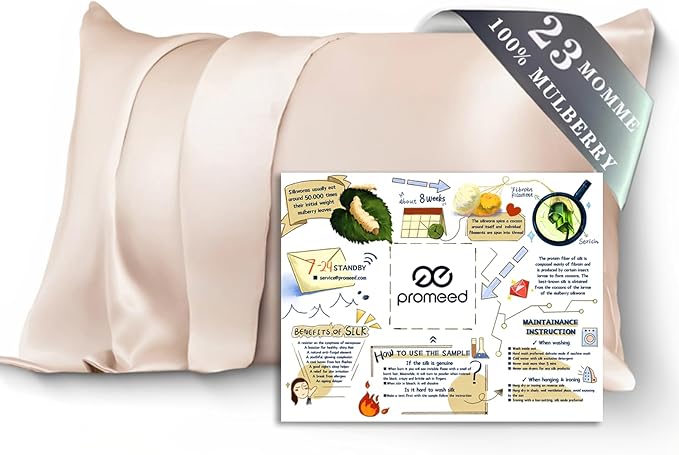 PROMEED 100% Mulberry Silk Pillowcase King for Hair and Skin, Both Sides Grade 6A+ 23mm Silk Pillow Case with Zipper, 1400 TC, Soft & Smooth (King 20"x36", Champagne)
