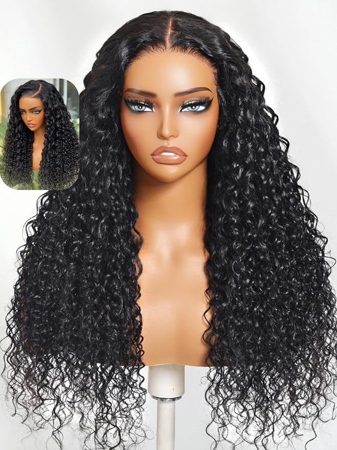 YIROO Bye Bye Knots Glueless Water Wave and Jerry Curly Drawstring Wig Human Hair, 7x5 Pre Cut Lace Front Glueless Wigs Pre Bleached Pre Plucked Wear and Go Wig for Women 150% Density 24Inch