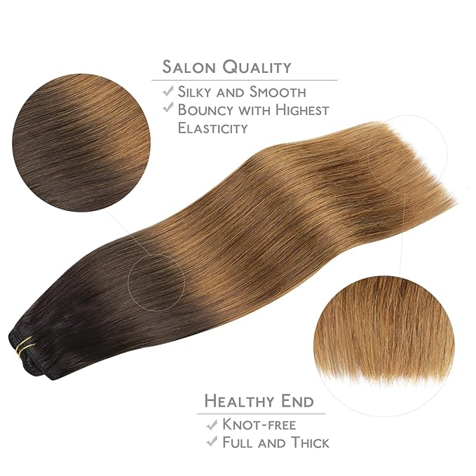 WENNALIFE Clip in Hair Extensions Real Human Hair, 22 Inch 130g 7pcs Remy Hair, Ombre Dark Brown to Light Chestnut Brown Straight Natural Extensiones De Cabello Humano Con Clip Ins