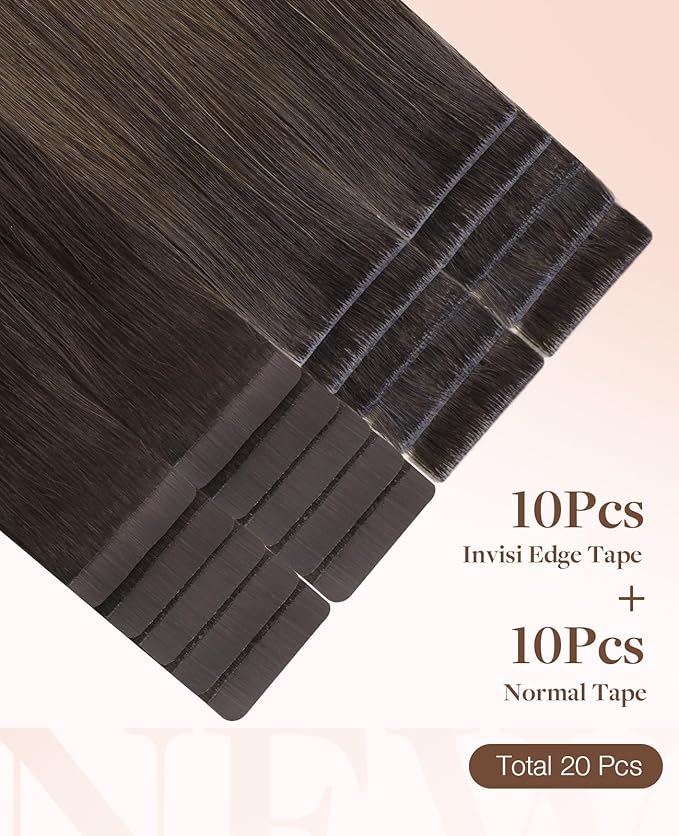 GOO GOO Invisi Edge Tape in Hair Extensions Human Hair, 1D/2C/4E Chocolate Dip Color Melt10pcs injected with 10pcs classical tape ins, 22inch 50g, Virgin Remy Hair, Natural Look