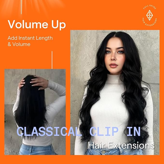 Full Shine Black Hair Extensions Clip in Human Hair Clip in Extensions for Thin Hair Black Triple Weft Straight Hair Extensions for Women 16 Inch 120 G 7 Pcs