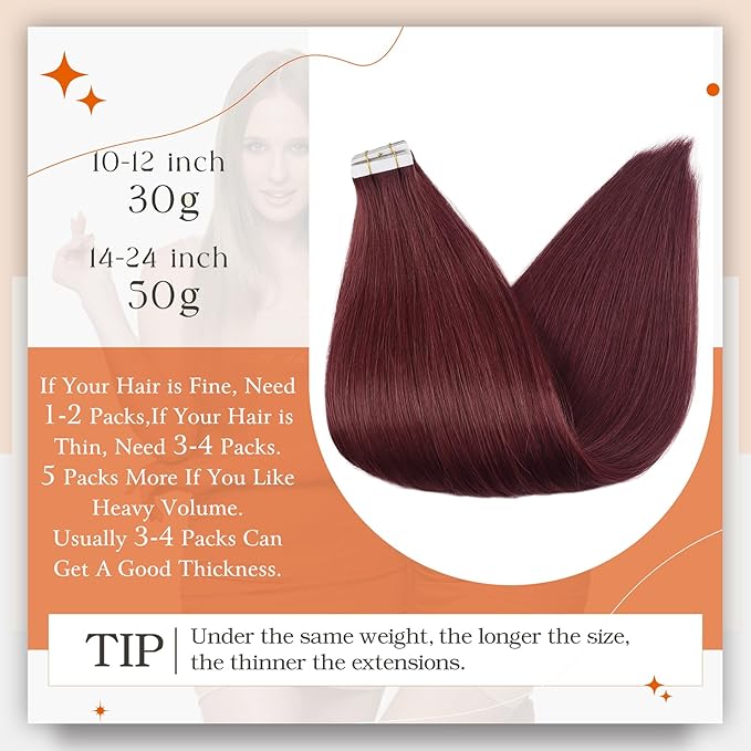 Full Shine Double Sided Tape in Hair Extensions Human Hair Color 99J Wine Red Tape in Extensions Silky Straight Skin Weft 20Inch 100G Seamless Extension 40Pcs for Women