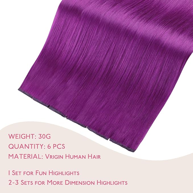 WENNALIFE Purple Clip in Hair Extensions Real Human Hair 35g 6pcs 16 Inch Colored Hair Extensions for Kids Women Colorful Hair Pieces Pop-up Style Straight Extensiones De Cabello Humano Con Clip