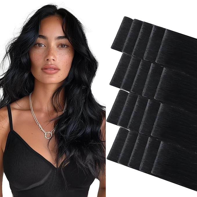 GOO GOO Invisi Edge Tape in Hair Extensions Human Hair, 1 Jet black 20pcs 18inch 50g, Virgin Remy Hair, Seamless Injected Tape, Natural Look