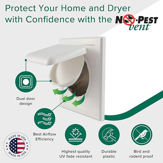 NO-PEST VENT, Exclusive Dual Door Dryer Vent Cover Outdoor 4 inch with Collar, Made in USA w Highest UV Resistant Plastic in any Outdoor Vent Cover (White, 4" Plastic WIth Collar)